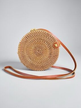 Round Rattan Crossbody Bag Boho Wicker Circle Purse Bali Style